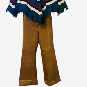 Leather Suede Camel Gold Brown Patchwork Slight Flair Straight Pants Sz 10